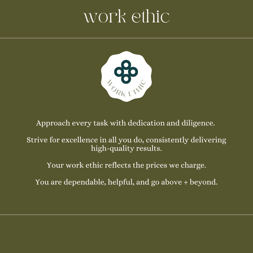 Work ethic: Approach tasks diligently, deliver high-quality results, be dependable and helpful.